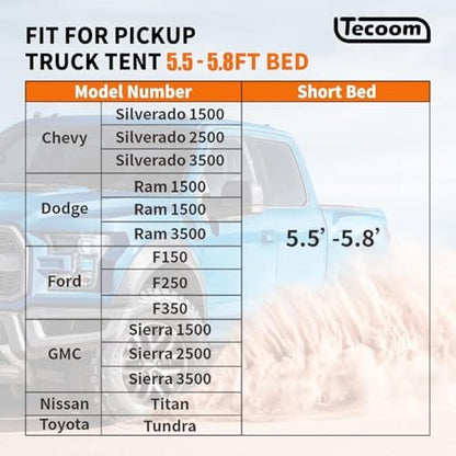 Tecoom Truck Bed Tent, Double Layer Waterproof PU3000mm for 5.5-6.7ft, Portable 1-3 Person Compact Full Size Pickup with Rain Fly for Outdoor, Camping, Road Trip, Beach