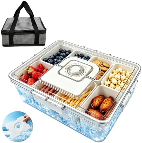 Chilled Snack Box with Reusable Ice Pack, Bonus Insulated Bag, 8 Compartment Food Storage Container for Fruits, Snacks & Charcuterie – Perfect for Outdoor, Camping & Road Trips
