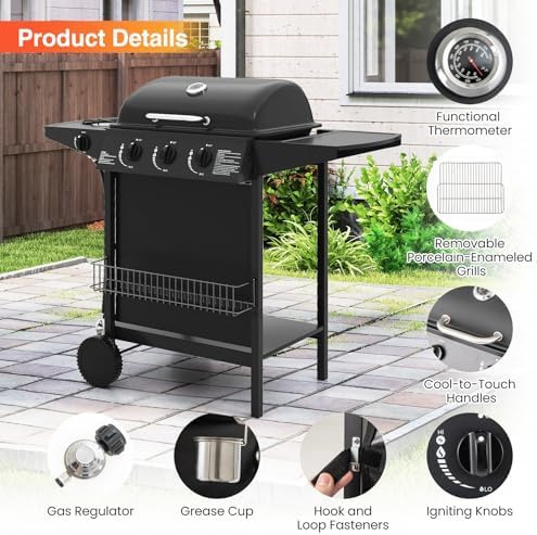 Happygrill 3 + 1 Burner Propane Gas Grill with Storage Shelves & Wheels