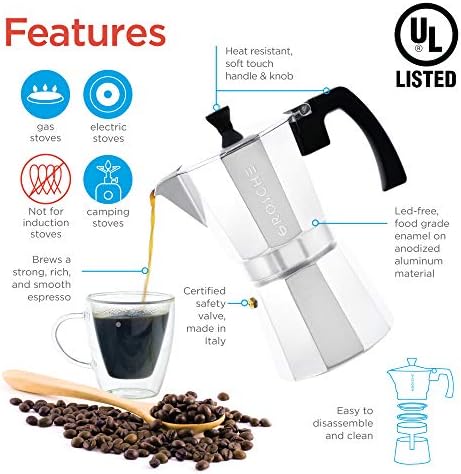 GROSCHE Milano Stovetop Espresso Maker Moka Pot 3 espresso Cup, 5 oz Silver