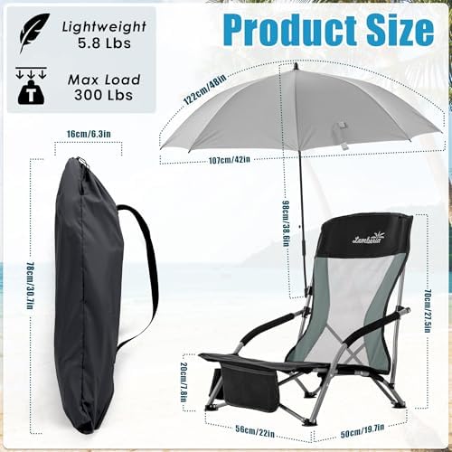 Folding Beach Chair with Umbrella for Adults, 2 Pack Portable Low Beach Chairs with 300lbs Capacity, Lightweight Fodable Camping Chair for Travel, Picnic, Concert & Outdoor Activities, Black-Grey