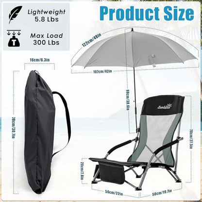 Folding Beach Chair with Umbrella for Adults, 2 Pack Portable Low Beach Chairs with 300lbs Capacity, Lightweight Fodable Camping Chair for Travel, Picnic, Concert & Outdoor Activities, Black-Grey
