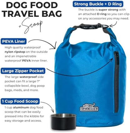 Callieco Dog Food Travel Bag w/ 1 Cup Scoop and Zipper Side Pocket | Waterproof Kibble Storage Container for Home, Road Trips, Camping, Boarding and More (Blue, 64 Cups)