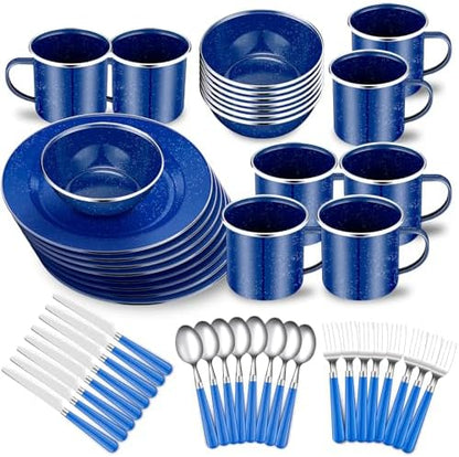 Nuogo 48 Pcs Camping Dinnerware Enamel Mugs Plates Bowls Utensils, Blue
