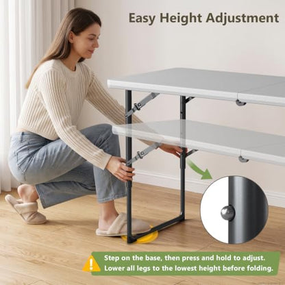 Folding Table, 4 FT Foldable Plastic Table with Adjustable Height, Heavy Duty Fold in Half Utility Table, Portable Picnic Table for Camping, Parties, RV Travel, Banquet