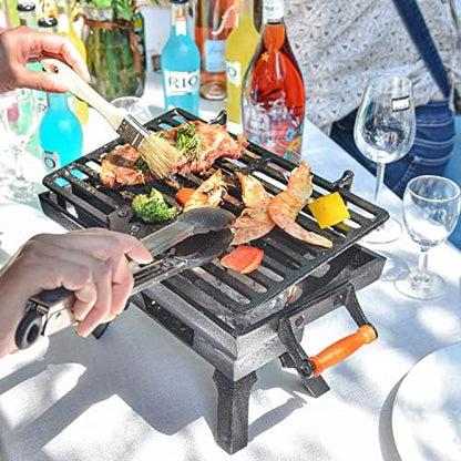 Sungmor Compact Cast Iron Charcoal Grill - Tabletop BBQ Grill with Adjustable Grate & Wooden Handles, 12” x 7” Ideal for 1-3 People - Portable Heavy-Duty Grill for Camping, Balcony & Small Spaces