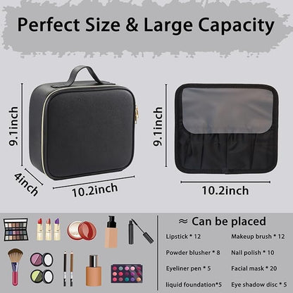 Makeup Bag with Led Mirror,Travel Makeup Organizer with 3 Color Setting & 10X Magnifying Mirror, Portable Storage and Adjustable Dividers Travel Makeup Bag-black