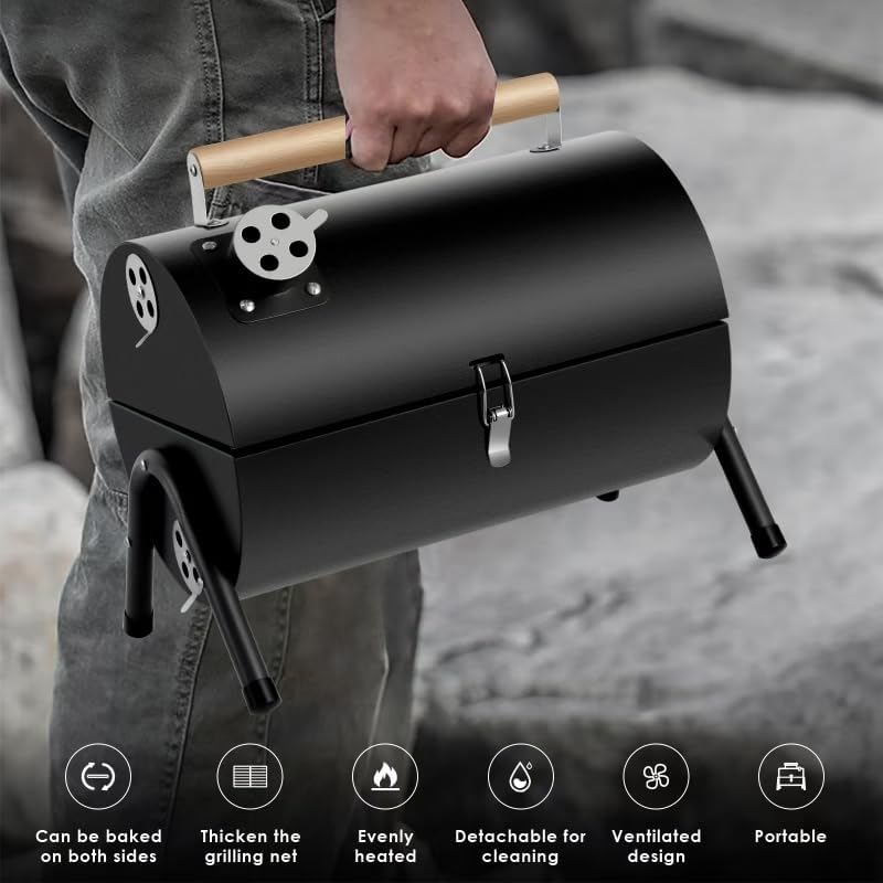 Portable bbq Charcoal Grill Small Folding Table Top Charcoal Grill for Outdoor Camping Two Side Carbon Smoker Griller with bbq Grill Brush and Metal Tongs (Black)