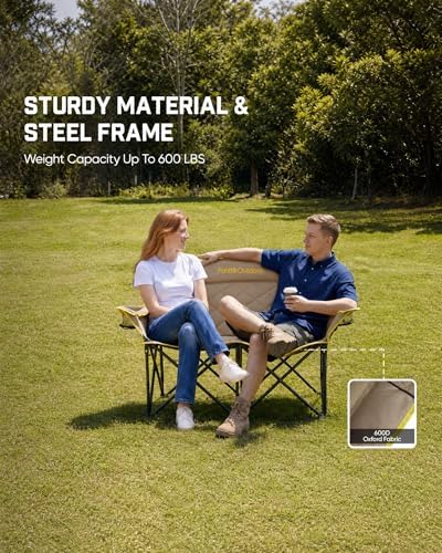 FanttikOutdoor Zeta L11 Duo Pro Double Camping Chair, 2 Person Portable Folding Couch, Up to 600 lbs, High Strength Loveseat with Cup Holder & Carry Bag for Travel, Patio, Games, BBQ, Backyard, Khaki