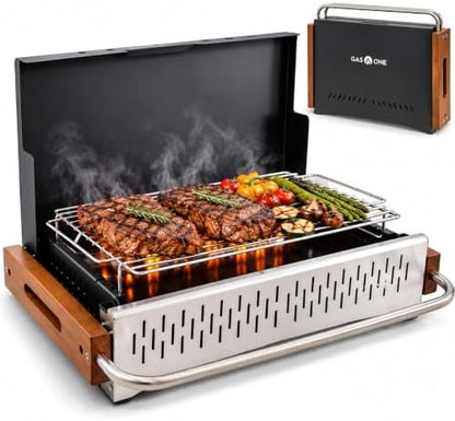 GasOne XL Portable Charcoal Grill – 24.5 x 18.5-inch Foldable Barbecue Grill Briefcase with Lid – Lightweight and Compact Charcoal Smoker for Camping, Garden, Beach, Backyard – No Assembly