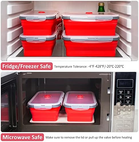 Collapsible Food Storage Containers with Airtight Lid & Air Vent, 40.5 oz, Kitchen Stacking Silicone Collapsible Meal Prep Container Set for Leftover, Microwave Freezer Dishwasher Safe, Red, Set of 4
