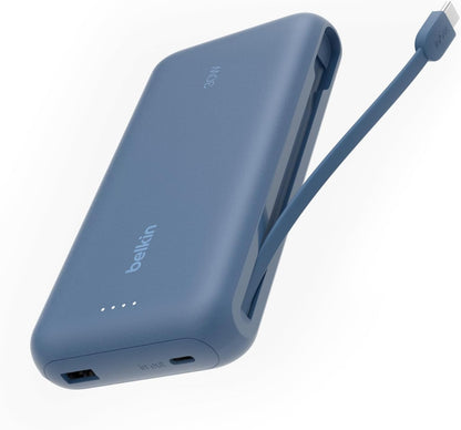 Belkin Portable Charger, Power Bank with Integrated Cable 20000 mAh 30W - Fast Charging USB C Power Delivery, iPhone Charger - iPhone 16 Series, iPad Pro, Galaxy S25 Series, & More - Blue