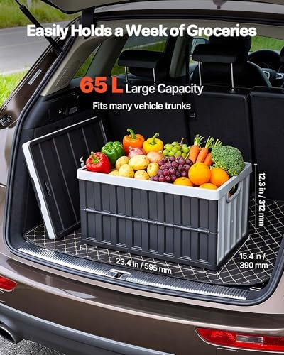 VEVOR Plastic Collapsible Storage Bins with Lids, 65L 3 Packs, Stackable Folding Storage Crates with Handles, Holds 84 lbs Per Bin, Heavy Duty Containers, Space-Saving Baskets, for Home Organizing
