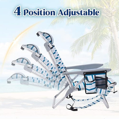 2 Pack Lightweight Portable Camping Beach Chair for Adults, Outdoor Lay Flat Folding Beach Chairs with 5 Positions, Backpack Beach Chair with Towel Bar, Zipper Pouch, Cup Holder, White Striped