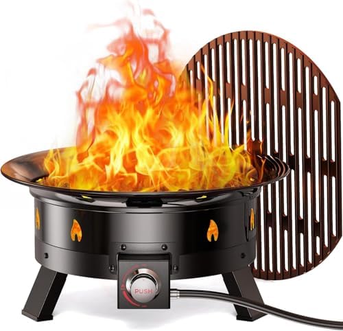 Ciays Large Propane Fire Pit 19 Inch, Gas Fire Pit with Grill Grate, Folding Legs, Hose Hooks, Propane Tank Holder, Cover & Carry Strap, Portable Outdoor Fire Pit for Camping, 58,000 BTU