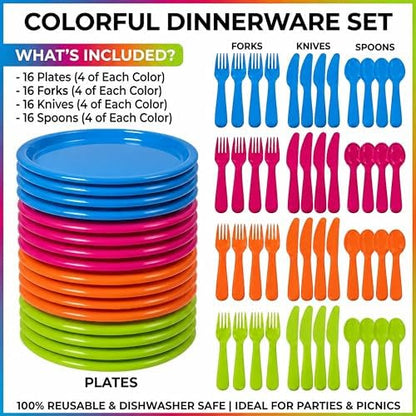 Basicwise 64-Piece Reusable Plastic Dinnerware Set for 16 – Microwavable & Dishwasher Safe Assorted Color Plates and Cutlery for Party, Picnic, Camping, Garden BBQ, Outdoor Gathering & Everyday Dining