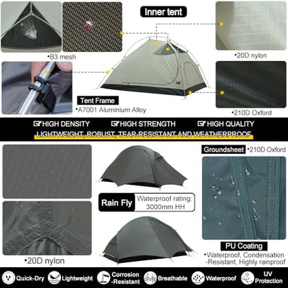 Soomloom 2-Person Lightweight Fishbone Tent Variable 2P with Inner and Groundsheet Spacious Comfortable Windproof Waterproof UV Protection Ventilation Easy Setup Camping Shelter
