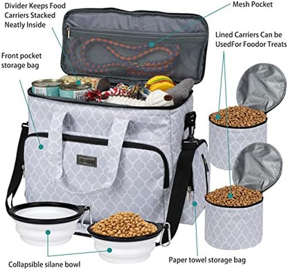 BAGLHER Dog Travel Bag, Pet Travel Bag (ALL Pet Travel Supplies), With 2 Pet Food Containers and 2 Collapsible Silicone Bowls; Essential Kits for Pet Travel DLwhite
