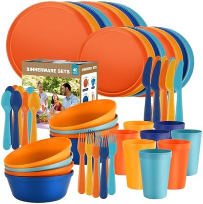 40 Piece Plastic Dinnerware Set for 8 with Cutlery, Unbreakable Plates and Bowls Set, Dishwasher & Microwave Safe Reusable Dish Set for Camping, RV, Outdoor Kitchen, Apartment Dining,Tropic Multicolor
