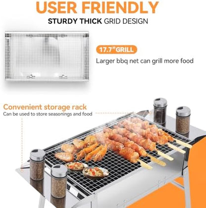 Foldable Portable Charcoal Grill 17.7x9.8 Inch Compact Small BBQ Grill Outdoor Cooking Stove Stainless Steel Folding Grill with Wood Skewers for Beach/Travel/Balcony/Camping/Backyard
