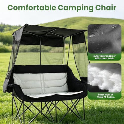 Asrug Padded Double Camping Chair with Canopy 2 Person Portable Camping Chair Loveseat with Cup Holders and Side Pockets Heavy Duty Camp Couch for Outdoor Fishing 650lbs Support (Black & Light Gray)