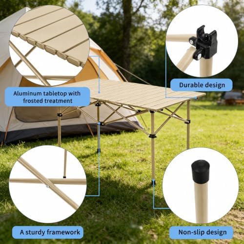 Camping Table with 4 Chairs, Portable Folding Picnic Table Set-Beige