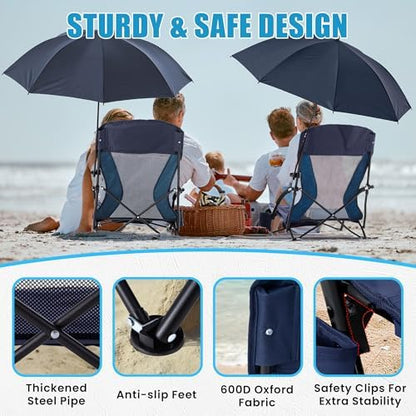 Lamberia Folding Beach Chair with Umbrella for Adults, Portable Low Beach Chairs with 300lbs Capacity, Lightweight Fodable Camping Chair for Travel, Picnic, Concert & Outdoor Activities, Navy Blue