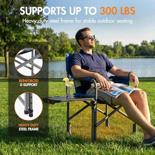 Portal Director Camping Chair with 2-Way Rotating Side Table, 300 lb, Blue