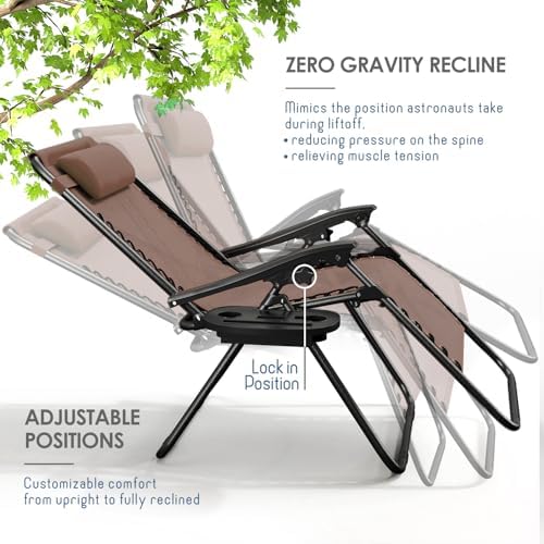 Nestl Zero Gravity Chairs, Portable Patio Lounge Chair Outdoor with Pillows & Cup Holder Trays, Adjustable Steel Mesh Reclining Camping Chair, Folding Patio Lawn Chair for Deck, Beach, Yard - Brown