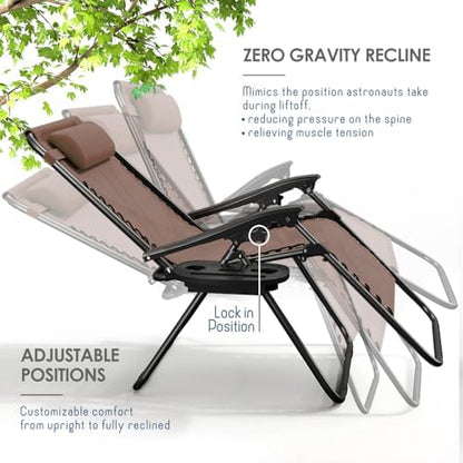 Nestl Zero Gravity Chairs, Portable Patio Lounge Chair Outdoor with Pillows & Cup Holder Trays, Adjustable Steel Mesh Reclining Camping Chair, Folding Patio Lawn Chair for Deck, Beach, Yard - Brown