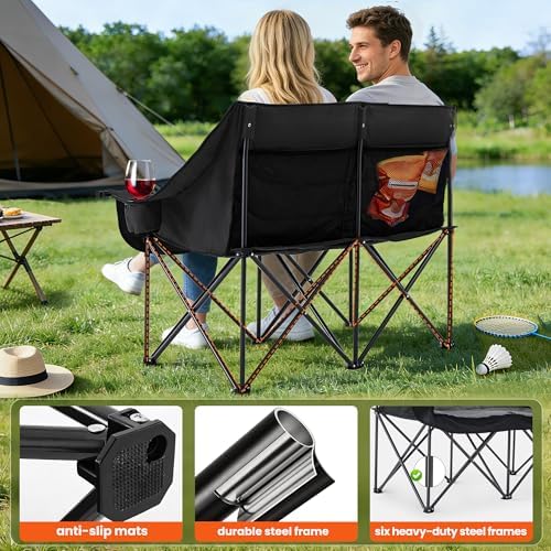 Asrug 2 Person Padded Double Camping Chair Loveseat (Black & Dark Gray)