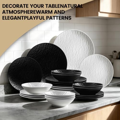 Unbreakable Melamine Dinnerware Sets 12 Pcs, Plates and Bowls Set for 4 with Hammered Textured Matte Finish, for Everyday Use Outdoor Camping RV Farmhouse, Dishwasher Safe BPA Free, Black