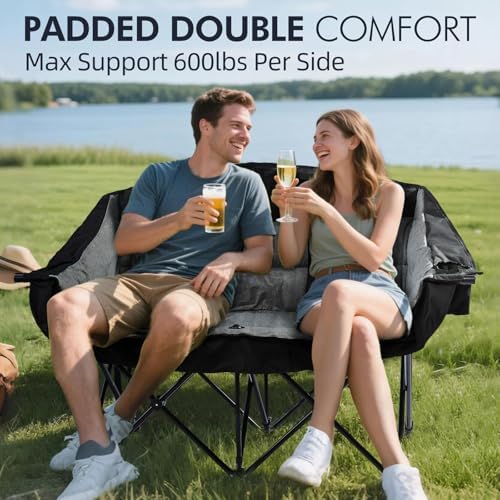 Double Camping Chair Loveseat -2 Person Oversized Padded Outdoor Camp Couch