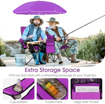 Goplus Double Camping Chairs with Umbrella, Cooler for Beach Patio