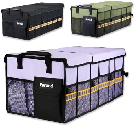 Car Trunk Organizer with Lid,Collapsible Car Storage Organizer with Multi Compartments and Securing Straps for SUV,Sedan,Jeep-Cyan