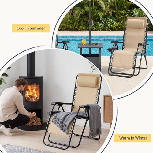 Sweetcrispy Zero Gravity Chairs, Set of 4 Portable Recliner Beach Camping Patio Outdoor Folding Lounge Chair with Cup Holder Trays and Adjustable Pillow for Poolside, Garden, Backyard, Lawn, Khaki