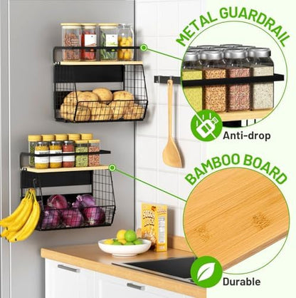 2 Set Magnetic Shelf for Refrigerator with Wood Lid, Fruit Potato & Onion Storage Bins, Pantry Organizers & Storage, Large Container Magnetic Spice Rack for Refrigerator, Kitchen Counter, Cabinet