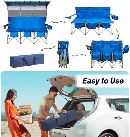 BESTHLS Portable Folding Camping Chair with Canopy Shade for 3 Person Blue
