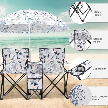 Outvita Folding Double Camping Chair w/Umbrella, Cooler for Beach Patio L