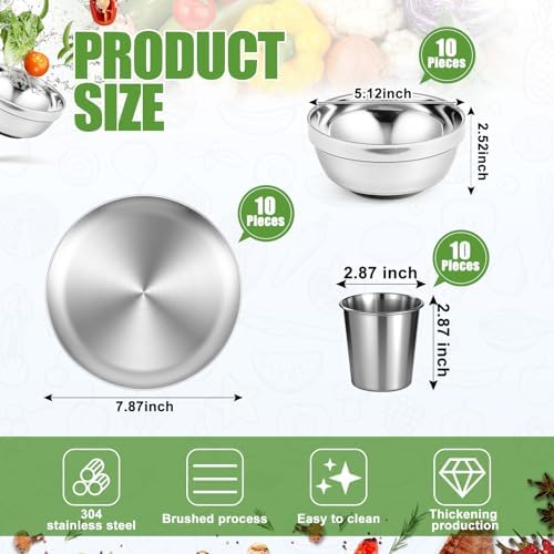 Sunnyray 10 Sets Stainless Steel Plates, Bowls, Cups for Camping