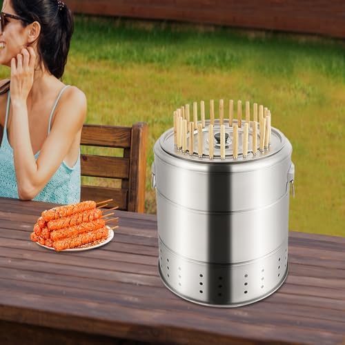 Portable Charcoal Grills, 2 in 1 Vertical Smoker, 360° Smokeless Stainless Steel BBQ Grill Barrel for Outdoor Barbecue, Camping, And Backyard Cooking (Medium-28 Skewers)