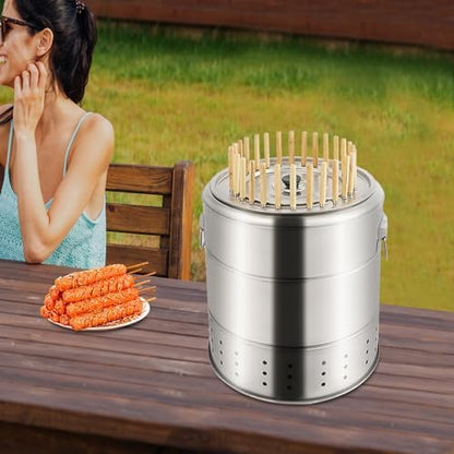 Portable Charcoal Grills, 2 in 1 Vertical Smoker, 360° Smokeless Stainless Steel BBQ Grill Barrel for Outdoor Barbecue, Camping, And Backyard Cooking (Medium-28 Skewers)