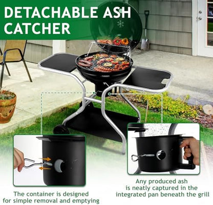 50.8" Portable Round Kettle Charcoal Grill,Metal Outdoor Barbecue Smoker,Heavy Duty Outdoor BBQ Grill,Vertical Camping Barbecue Grill,with Side Tables,for Garden Patio Beach Backyard (Black)