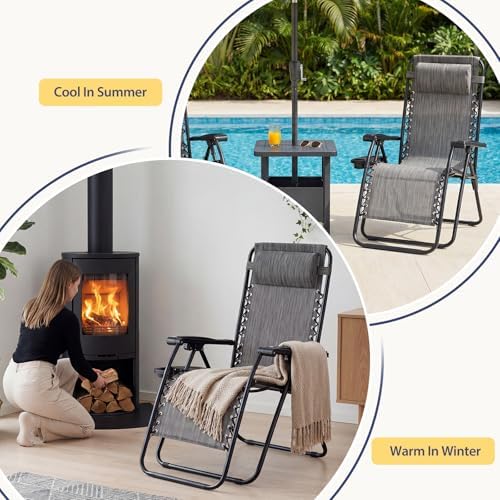 Sweetcrispy Zero Gravity Chairs, Set of 4 Portable Recliner Beach Camping Patio Outdoor Folding Lounge Chair with Cup Holder Trays and Adjustable Pillow for Poolside, Garden, Backyard, Lawn, Grey