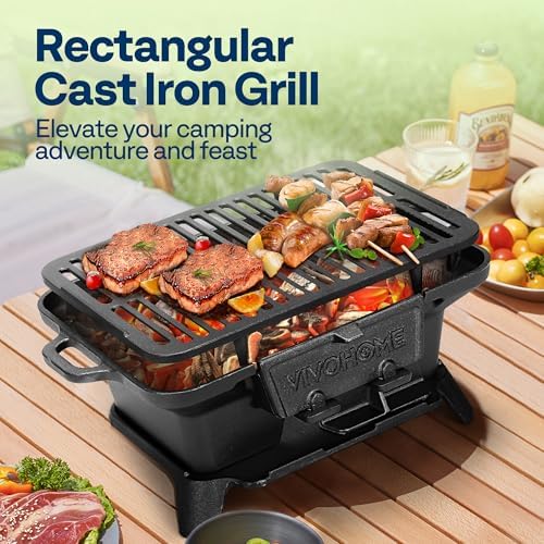 VIVOHOME Rectangle Cast Iron Charcoal Grill with Double-Sided Grate