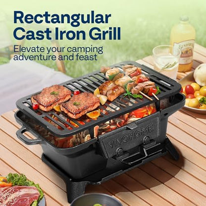 VIVOHOME Rectangle Cast Iron Charcoal Grill with Double-Sided Grate