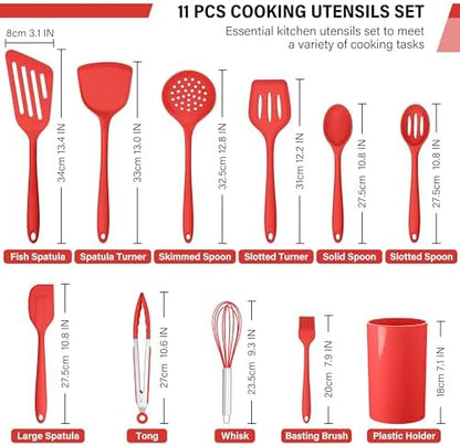 HaWare 11 PCS Silicone Cooking Utensils Set, Heat Resistant Kitchen Utensils with Holder, Food-grade Spatula Sets for Nonstick Cookware, Kitchen Tools Gadgets Include Fish Turner, Spoon (Red)