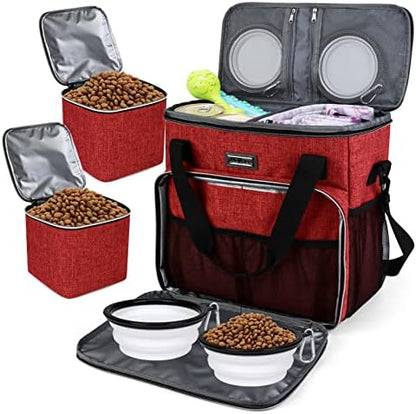 BAGLHER Dog Travel Bag, Pet Travel Bag (ALL Pet Travel Supplies), With 2 Pet Food Containers and 2 Collapsible Silicone Bowls; Essential Kits for Travel Red