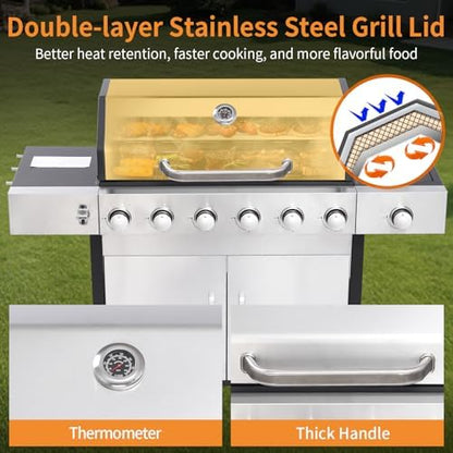 6 Burner Propane Gas Grill with Side Burner, Cast Iron Grates & Griddle Combo, Large Cabinet BBQ with Warming Rack for Backyard Patio, 620 SQ. IN. Cooking Area