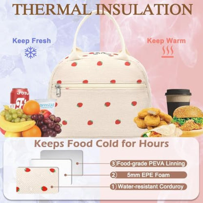 FlowFly Insulated Lunch Bag for Women – Corduroy Lunch Tote Box, Cute Cooler Bag for Work, Travel, Picnic, Corduroy Strawberries Beige